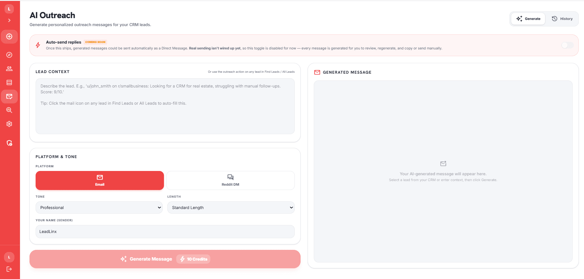 The real AI Outreach screen, showing auto-send disabled and marked Coming Soon