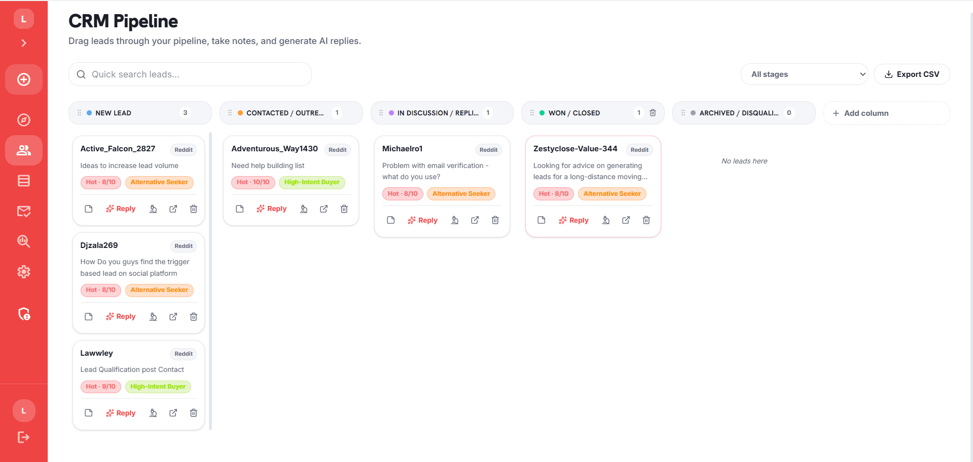 A real LeadLinx CRM Pipeline board with genuine saved leads